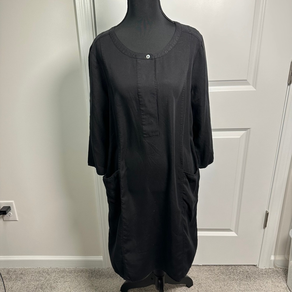 TRAVELSMITH Black Lyocell Midi‎ Dress 3/4 Sleeve Pockets Button Neck Women's 10